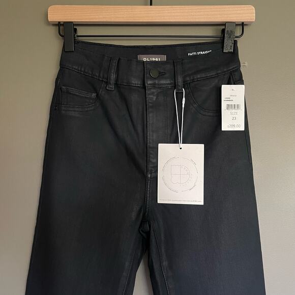 NWT DL1961 Patti Straight High Rise Jeans Sharkskin Black Grey Coated‎ Denim 23 - Picture 3 of 16